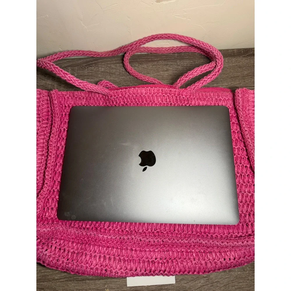 Juicy Couture Tote Bag Straw Woven Embroidered Logo Hot Pink Large